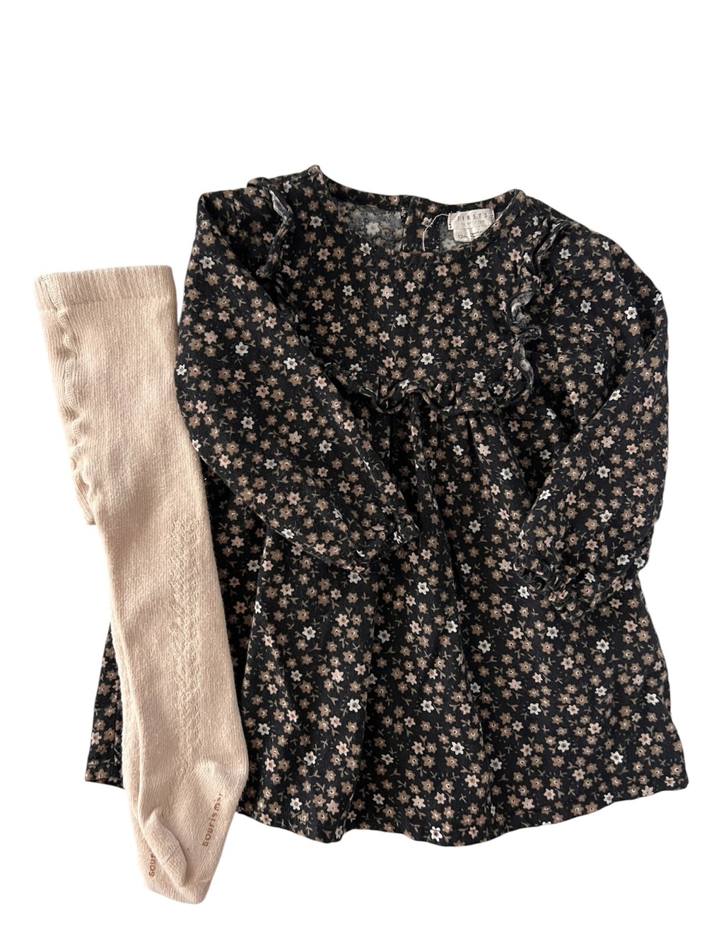 Firsts by Petit Lem Floral Long-Sleeve Dress with Cream Tights